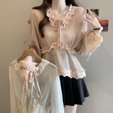 批发实拍2026春夏新款<b class='q'>大码</b>女装长袖V领系带雪纺衫<b class='q'>胖</b><b class='q'>MM</b><b class='q'>花边</b>套头上衣女