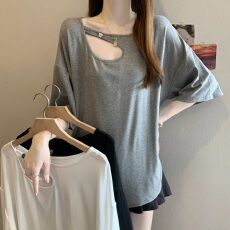 批发实拍2026年夏季新款大码女装短袖圆领套头T恤胖MM宽松镂空上衣女