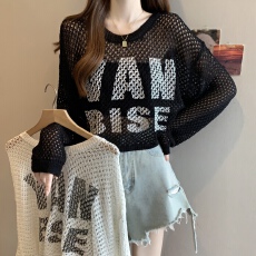 批发实拍2025夏季新款大码女装长袖网格亚麻针织衫胖MM字母印花罩衫女