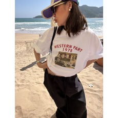 批发小众复古美式汽车图案印花慵懒休闲百搭宽松纯棉短袖T恤女ins上衣