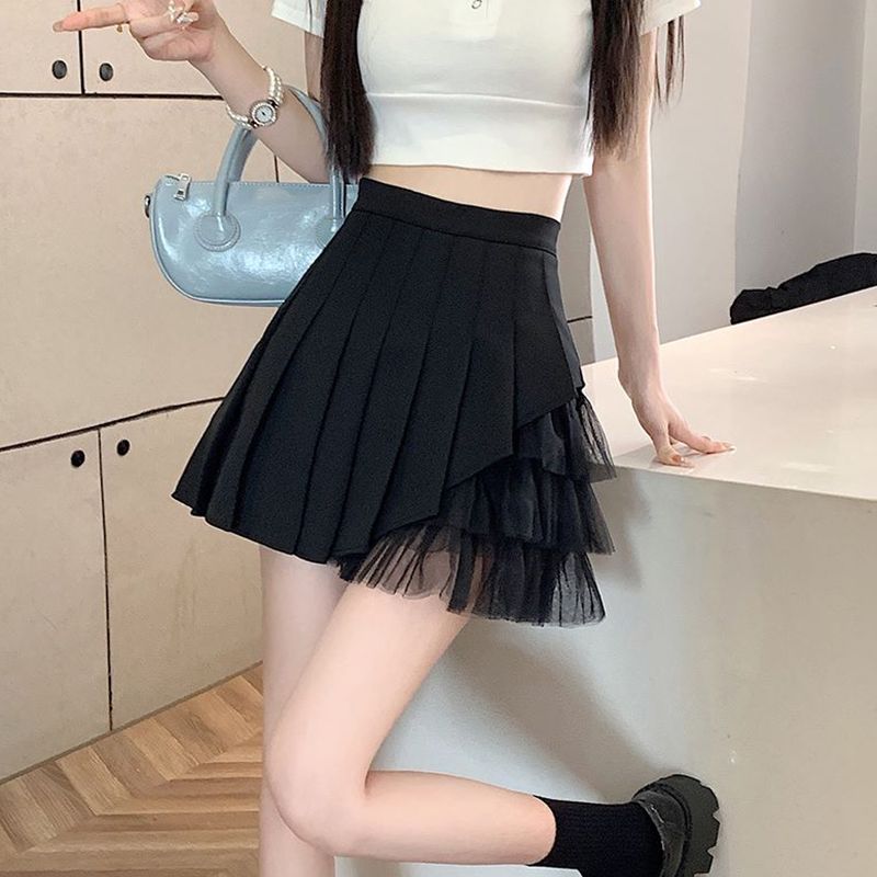 MY11486# 优质面料网纱百褶裙女夏季小众小个子短裙高腰显瘦a字半身裙女裝貨源服裝批發