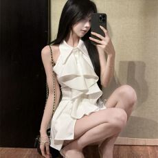 批发官图实价 荷叶边无袖衬衫上衣女夏法式气质中长款收腰修身衬衣