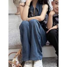 批发美式老钱风复古牛仔套装女夏季新款无袖拉链背心上衣阔腿裤两件套
