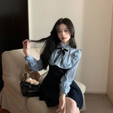 批发拼接高腰显瘦蓬蓬<b class='q'>连衣裙</b>女春装2024新款春季条纹长袖衬衫裙子短裙