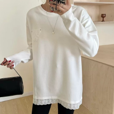 批发2025（280克德绒螺纹）磨毛长袖t恤女中长款蕾丝花边<b class='q'>打底衫</b>上衣