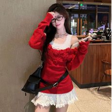 批发2025甜辣妹套装花朵一字肩针织毛衣女冬季内搭<b class='q'>蕾丝</b>背心<b class='q'>两件套</b>