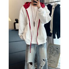 批发美式撞色拉链开衫连帽卫衣女秋冬新款宽松情侣外套上衣