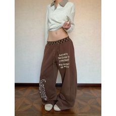 批发美式复古格纹拼接休闲裤女<b class='q'>街头</b>字母印花宽松运动阔腿卫裤