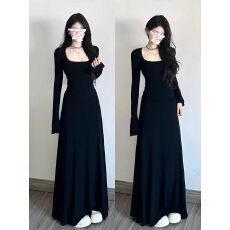 批发2025早秋新款韩系高级感黑色<b class='q'>长</b>袖连衣<b class='q'>裙子</b>初秋女装御姐风修身<b class='q'>长</b><b class='q'>裙</b>