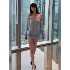 批发蓝色一字肩<b class='q'>长</b>袖连衣裙女秋季显瘦收腰<b class='q'>裙子</b>蝙蝠袖纯欲辣妹包臀短裙