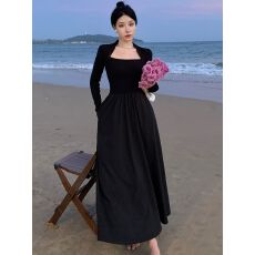 批发纯欲风拼接方领长袖连衣裙女秋季高腰大摆裙显瘦气质裙子a字<b class='q'>长裙</b>