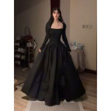 批发纯欲风拼接方领长袖连衣裙女秋季高腰<b class='q'>大摆裙</b>显瘦气质裙子a字长裙