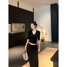 批发辣妹修身v领半袖正肩<b class='q'>T</b><b class='q'>恤</b>上衣女早秋显瘦套装包臀半身裙灰色两件套