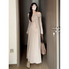批发早秋装2025新款一字肩针织连衣裙子女秋冬季韩系穿搭一整套装长裙