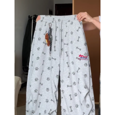 批发纯棉华绵 美式复古休闲裤女早秋满印狗爪抽绳直筒阔腿裤拖地长裤
