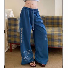 批发纯棉华棉 美式复古做旧印花运动卫裤女<b class='q'>街头</b>宽松垂感休闲阔腿裤子