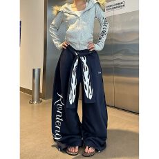 批发纯棉华棉 美式<b class='q'>街头</b>火焰字母印花绑带宽松直筒休闲长裤女阔腿卫裤