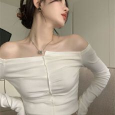 批发性感辣妹一字领露肩高腰短款<b class='q'>打底衫</b>女秋装长袖t恤设计感上衣露脐