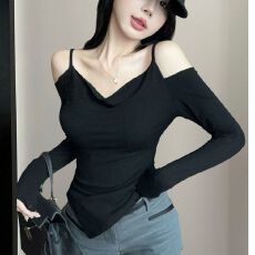 批发纯欲设计感小众荡领露肩不规则开叉别致<b class='q'>修身</b>百搭长袖<b class='q'>打底衫</b>T恤女