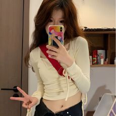 批发纯欲风辣妹方领长袖上衣女春秋内搭<b class='q'>打底衫</b><b class='q'>修身</b>T恤抽绳设计感小众