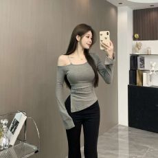 批发纯欲斜肩长袖T恤女早秋季2025新款<b class='q'>修身</b>辣妹设计感<b class='q'>打底衫</b>内搭上衣