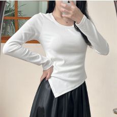 批发新款正肩t恤女长袖内搭打底衫大码胖mm修身<b class='q'>显瘦</b>不规则设计感上衣