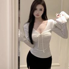 批发纯欲风薄款系带设计长袖T恤<b class='q'>打底衫</b>V领<b class='q'>修身</b>显瘦时尚辣妹蝴蝶结上衣