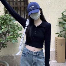 批发甜辣妹polo领短款长袖t恤女秋冬收腰<b class='q'>修身</b>内搭<b class='q'>打底衫</b>高腰露脐上衣