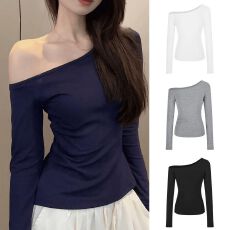 批发官图【1*1<b class='q'>纯棉</b>螺纹】长袖<b class='q'>T</b><b class='q'>恤</b>女春秋一字领斜肩内搭打底衫上衣