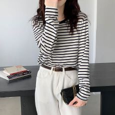 批发2025 后包领<b class='q'>纯棉</b><b class='q'>T</b><b class='q'>恤</b>女装长袖条纹春秋2025年新款宽松打底衫