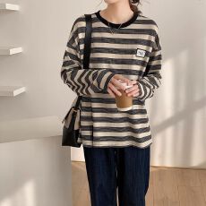 批发2025【后包领240克】<b class='q'>纯棉</b>条纹卫衣长袖<b class='q'>T</b><b class='q'>恤</b>打底衫女春秋上衣