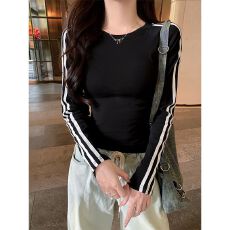 批发7137#官图 210克<b class='q'>纯棉</b>螺纹三条杠长袖<b class='q'>T</b><b class='q'>恤</b>女打底衫春秋冬光板空白版