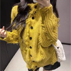 批发黄色高领毛衣女2025秋冬季新款慵懒风加厚流苏开衫高级感上衣外穿