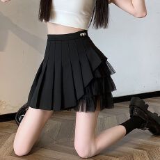 批发网纱拼接百褶<b class='q'>半身裙</b>女设计感小众夏季高腰显瘦纯色<b class='q'>雪纺</b>A字短裙子