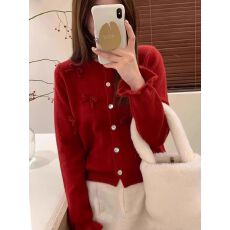 批发天猫抖音质量新年红设计感蝴蝶结百搭针织开衫2025<b class='q'>春</b>秋新款上衣