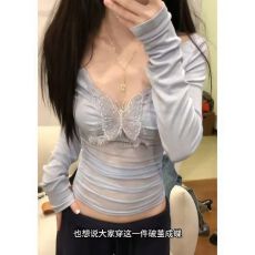 批发2025韩系蝴蝶结网纱拼接褶皱收腰打底衫女春季上衣