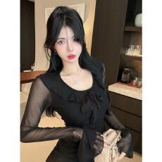 批发喇叭袖荷叶边网纱<b class='q'>连衣裙</b>女秋冬性感包臀小妈裙不规则名媛内搭裙子