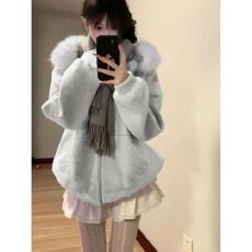 品质原版毛呢 韩系加厚连帽毛领呢子大衣女冬季贵气蓝色卫衣外套