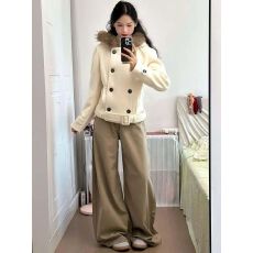 批发原版呢子面料 新款毛领拼接双排扣外套收腰加厚保暖连帽毛呢大衣