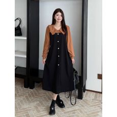 批发实拍<b class='q'>大码</b>长袖百搭A字长裙撞色松弛感娃娃领连衣裙女