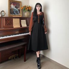 批发实拍 秋冬季假两件连衣裙胖mm遮肚显瘦时尚<b class='q'>大码</b>撞色高腰裙子