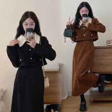 批发实拍 灯芯绒两件套秋冬新款<b class='q'>大码</b>胖mm小香风外套+半身长裙套装