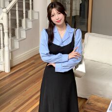 批发【后包领做工】秋<b class='q'>冬</b>新款撞色拼接假两件收腰系带A字长袖连衣裙