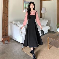 批发实拍实价 法式秋<b class='q'>冬</b>设计感假两件娃娃领连衣裙女收腰显瘦长裙