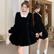 批发实拍 复古丝绒小黑裙秋冬<b class='q'>大码</b>胖mm显瘦小个子减龄蝴蝶结连衣裙