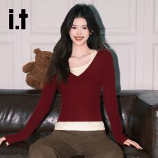 批发【法国罗纹】 甜辣红色收腰假两件<b class='q'>T</b><b class='q'>恤</b>女韩系修身<b class='q'>V领</b>纯欲打底上衣