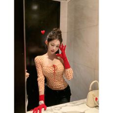 批发爱心印花绑带方领长袖T恤女冬季甜辣妹修身内搭紧身收腰打底上衣