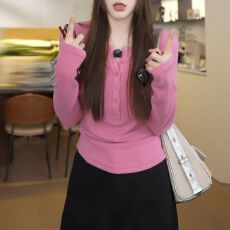 批发穿搭粉色正肩半开领长袖T恤女秋季显瘦气质百搭上衣