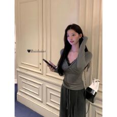 批发V领假两件蕾丝打底衫女冬季韩系氛围感修身上衣
