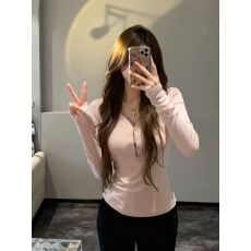 批发韩系粉色V领<b class='q'>长袖</b><b class='q'>t</b><b class='q'>恤</b>女秋冬季2025新款修身显瘦内搭打底衫正肩上衣